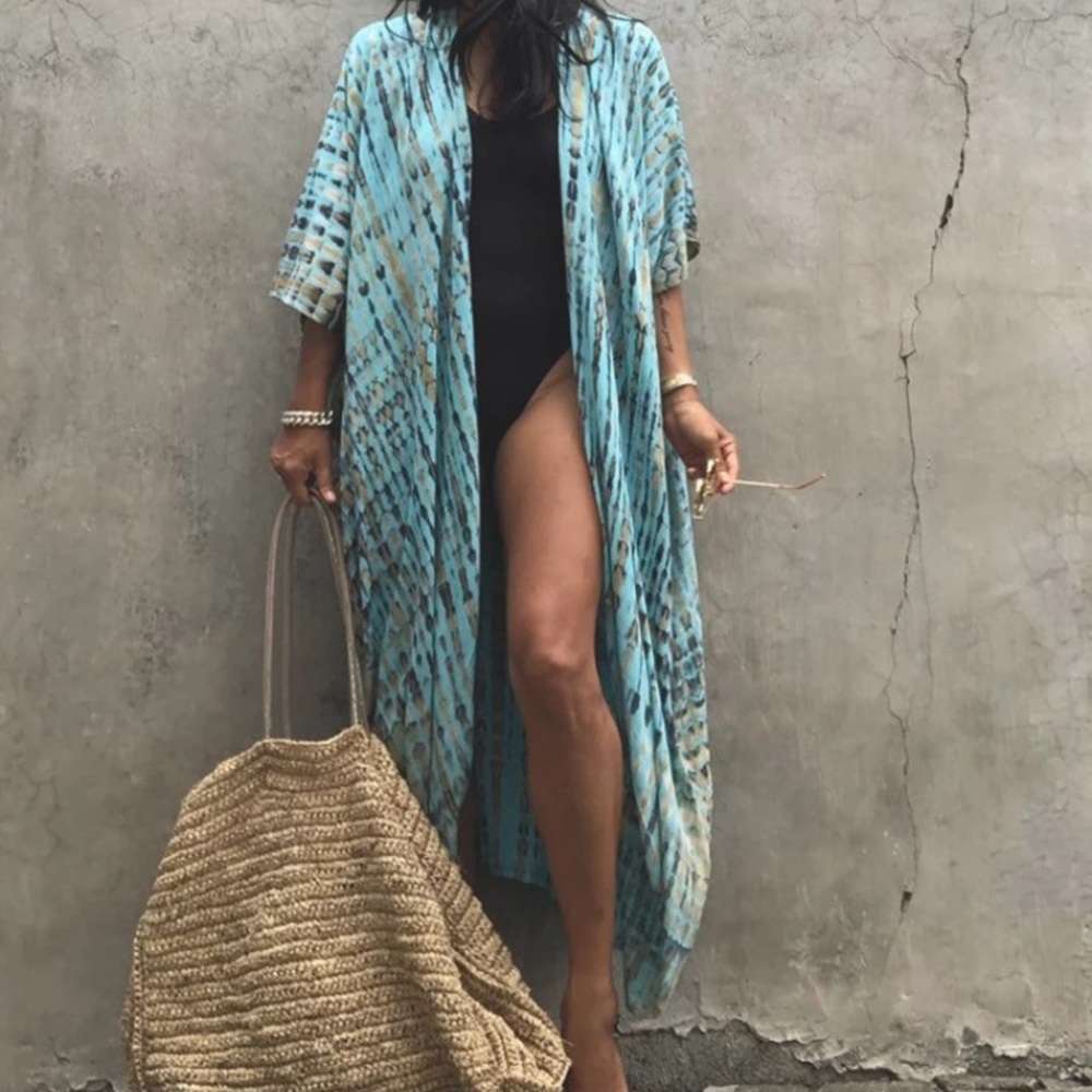 Turquoise Tie Dye Boho Swim Coverup Kimono Robe - Picture 3 of 9